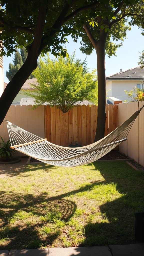 A hammock hanging between two trees in a small backyard, surrounded by greenery.