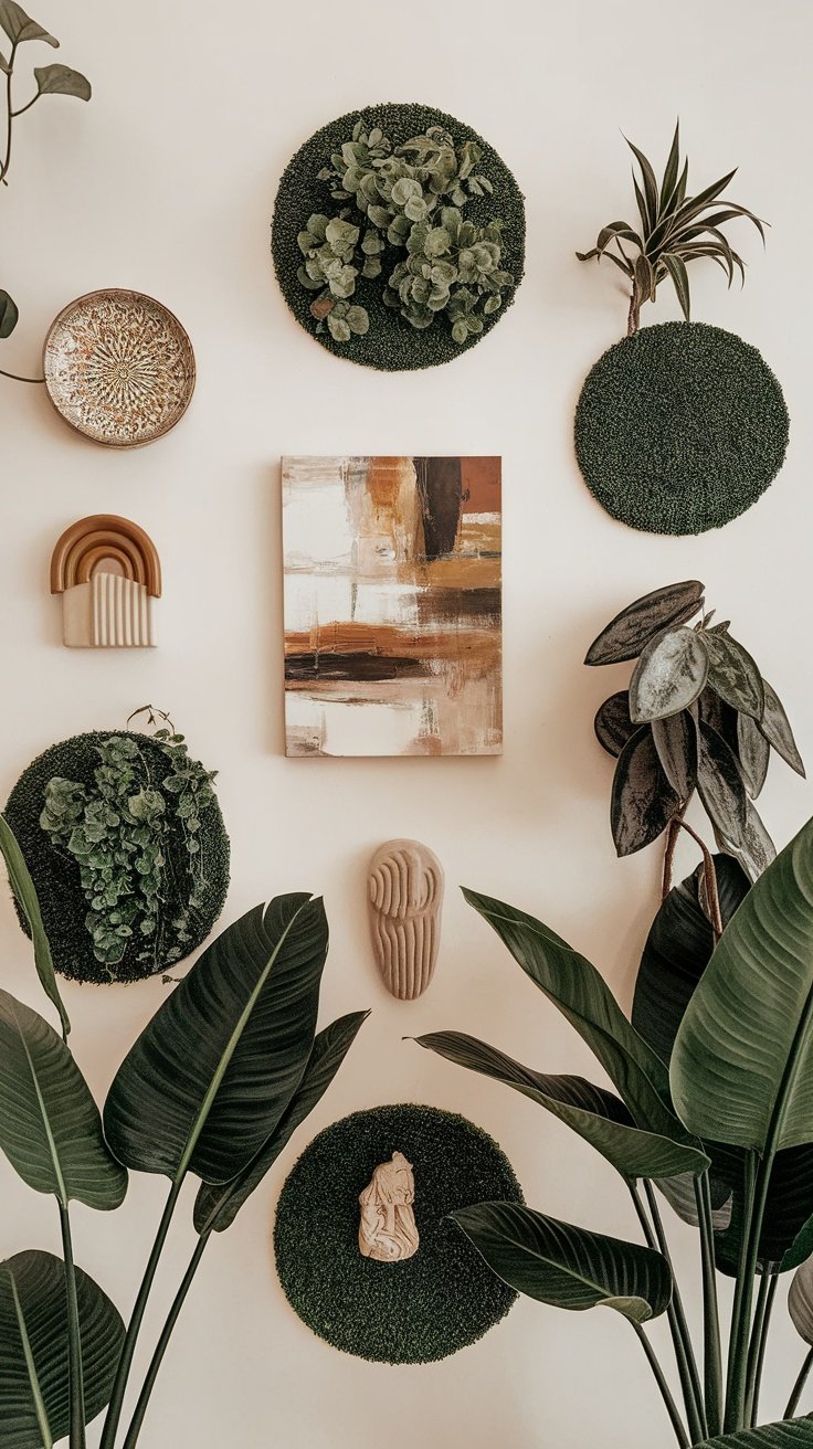 A stylish plant wall featuring ferns, cacti, and decorative accessories.