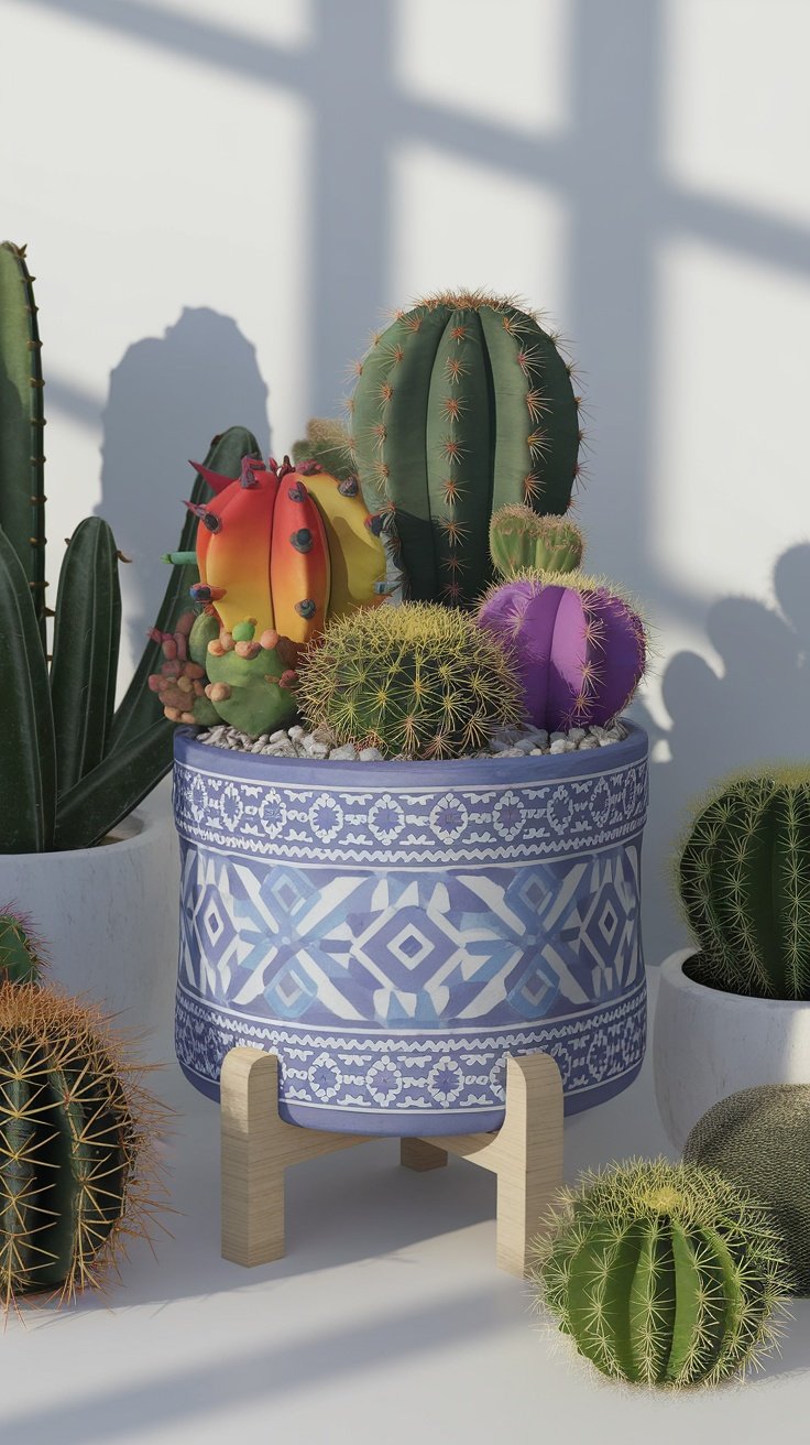 Colorful cacti in decorative pots with unique designs.