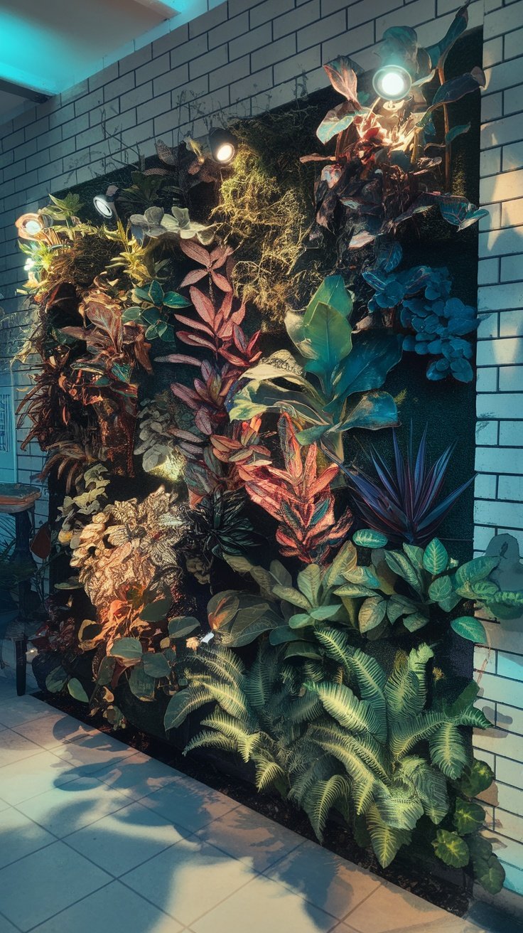 A stunning plant wall featuring various ferns, cacti, and hanging greenery, illuminated by spotlights for enhanced visual appeal.