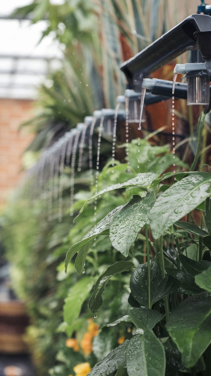 Drip irrigation system watering a lush plant wall with various greenery.