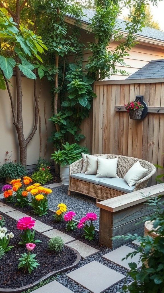 Cozy seating area in a flower bed with colorful flowers and greenery.