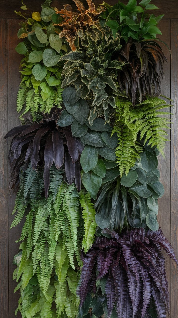 A textured plant wall featuring various fern species and shades of green.