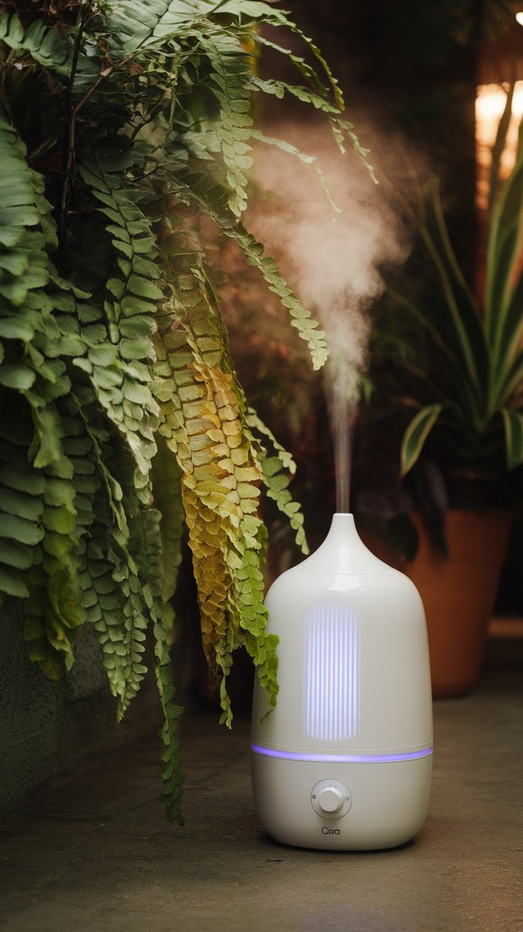 A humidifier releasing mist near lush green ferns in a cozy indoor setting.