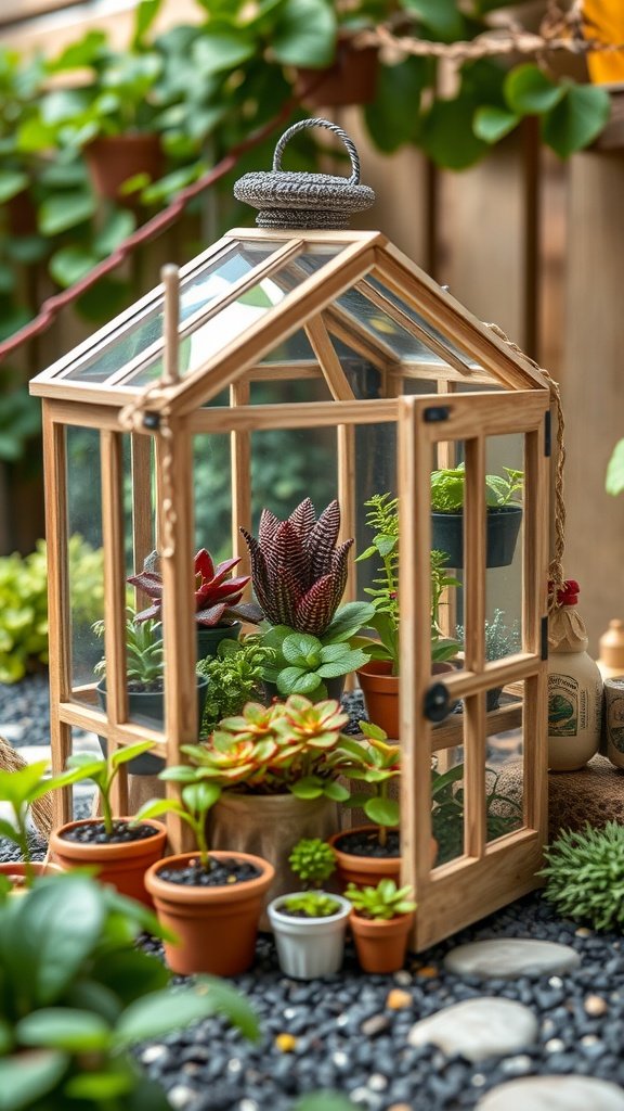 A small, wooden greenhouse filled with various plants and surrounded by pebbles.