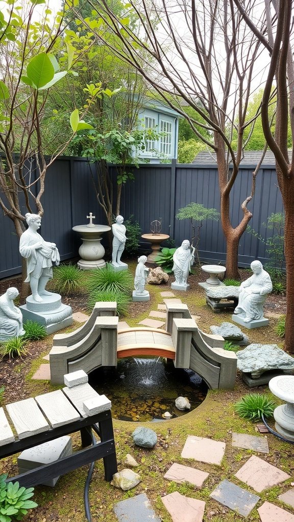 A serene backyard scene featuring a small wooden bridge over a pond, surrounded by decorative statues and lush greenery.