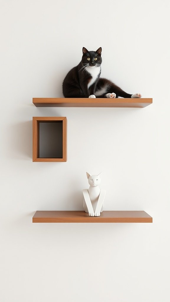A black and white cat lounging on modern wooden wall shelves with a minimalist design.