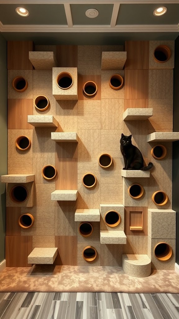 Modular cat wall shelves with a black cat sitting on one of the shelves