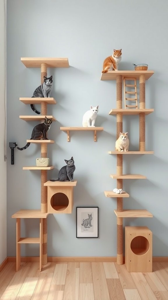 A stylish multi-level cat wall system with several shelves and climbing areas, showcasing multiple cats.