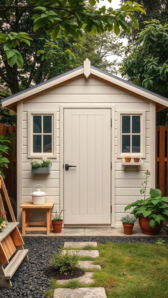 A charming garden shed with two windows, a wooden bench outside, and potted plants around the entrance.