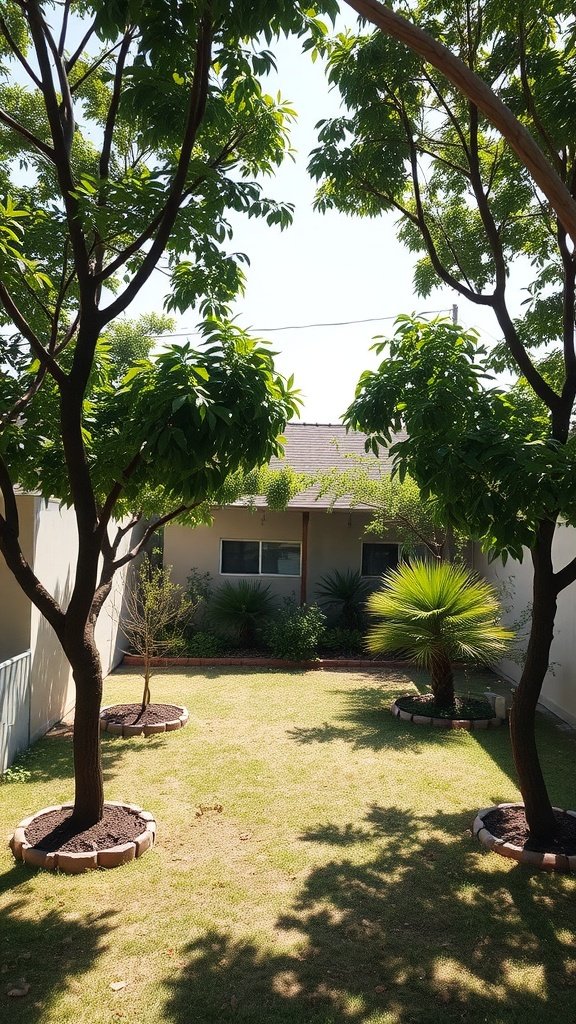 Backyard with trees providing shade and a green lawn.