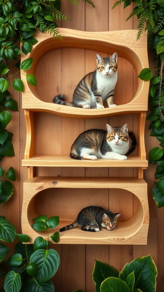 Three cats resting on wooden shelves surrounded by green plants.