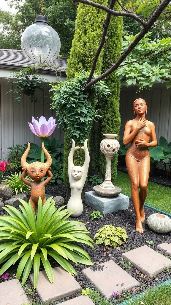 Backyard featuring various artistic sculptures and plants