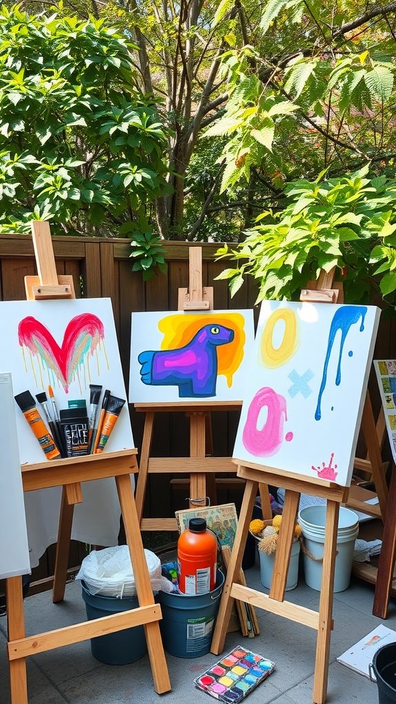 An outdoor art studio with colorful paintings on easels, surrounded by greenery.