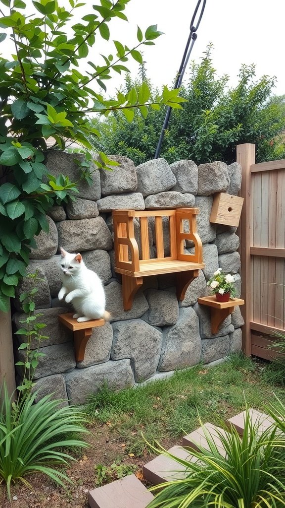Outdoor cat wall shelves with a white cat on a stone wall