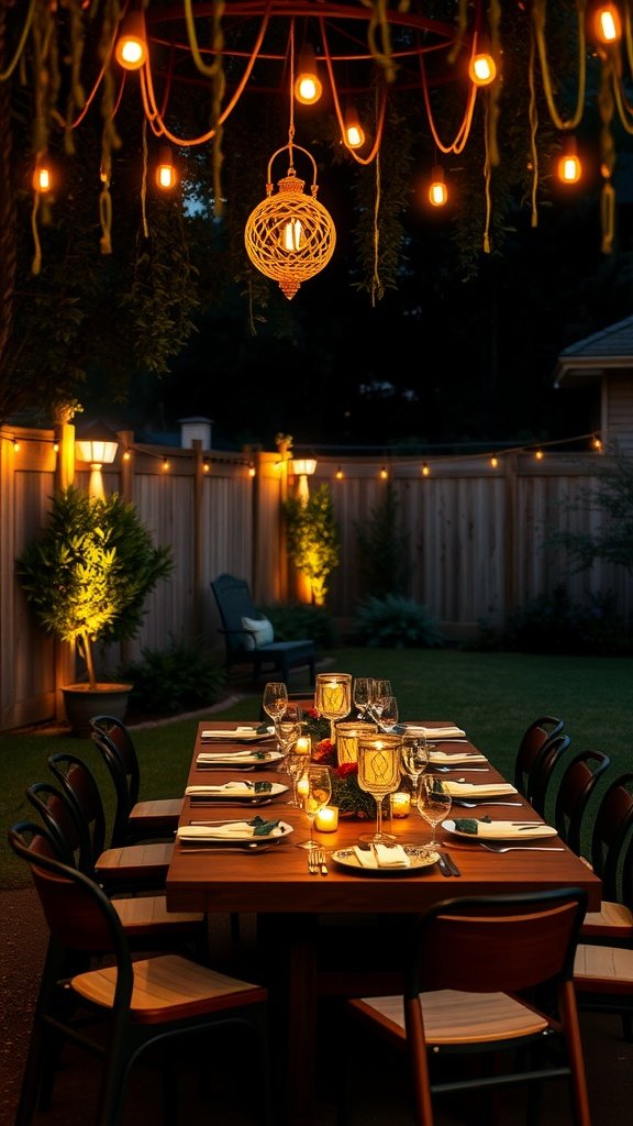 A beautifully set outdoor dining table with warm lighting and decorations.