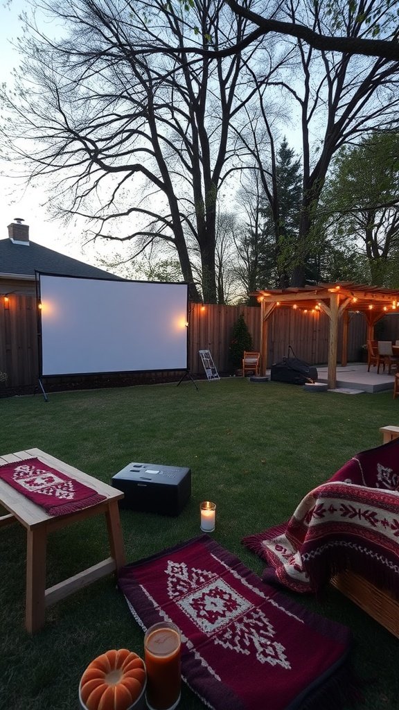 A setup for an outdoor movie night with a projector, screen, and cozy seating.