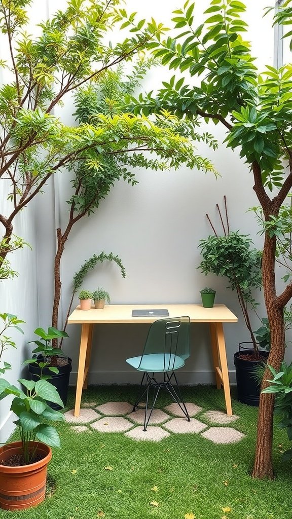 A serene outdoor workspace featuring a wooden desk and a clear chair, surrounded by lush greenery.