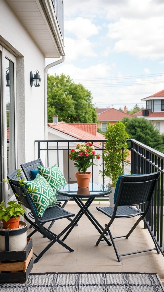 A small balcony with a round glass table and two folding chairs surrounded by greenery.