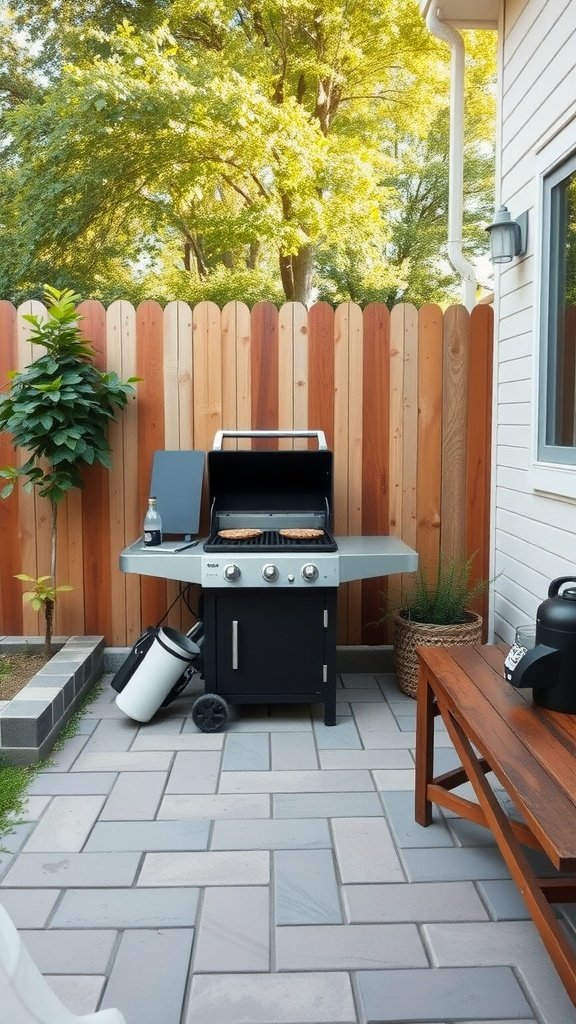 A small BBQ area featuring a black grill with food on it, surrounded by a wooden fence and a seating area.