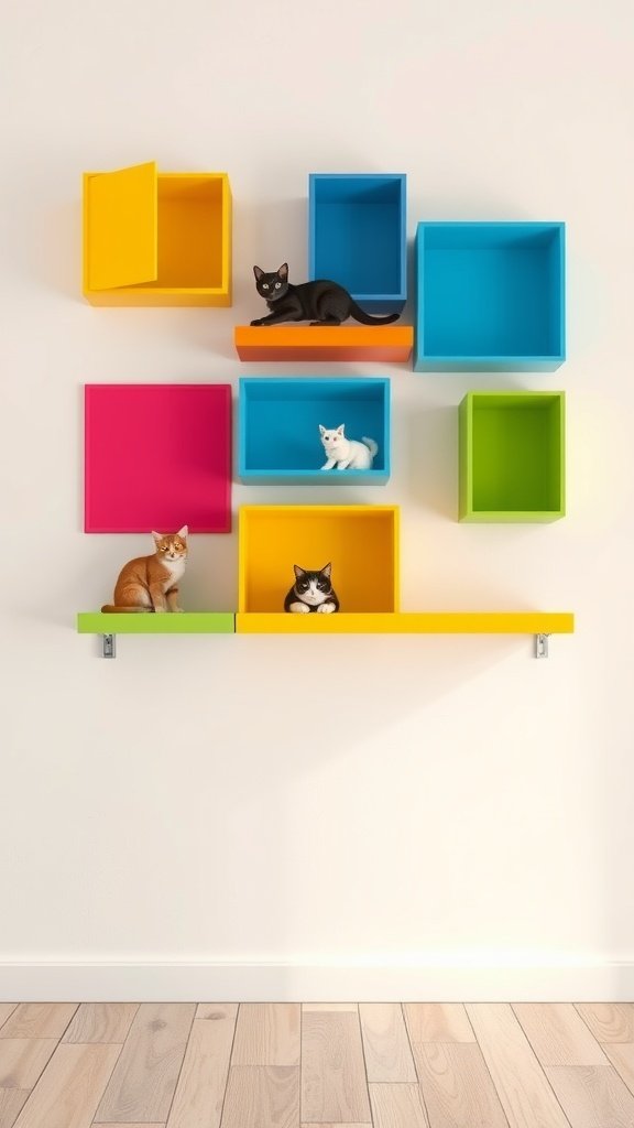 Colorful cat wall shelves with cats on them.