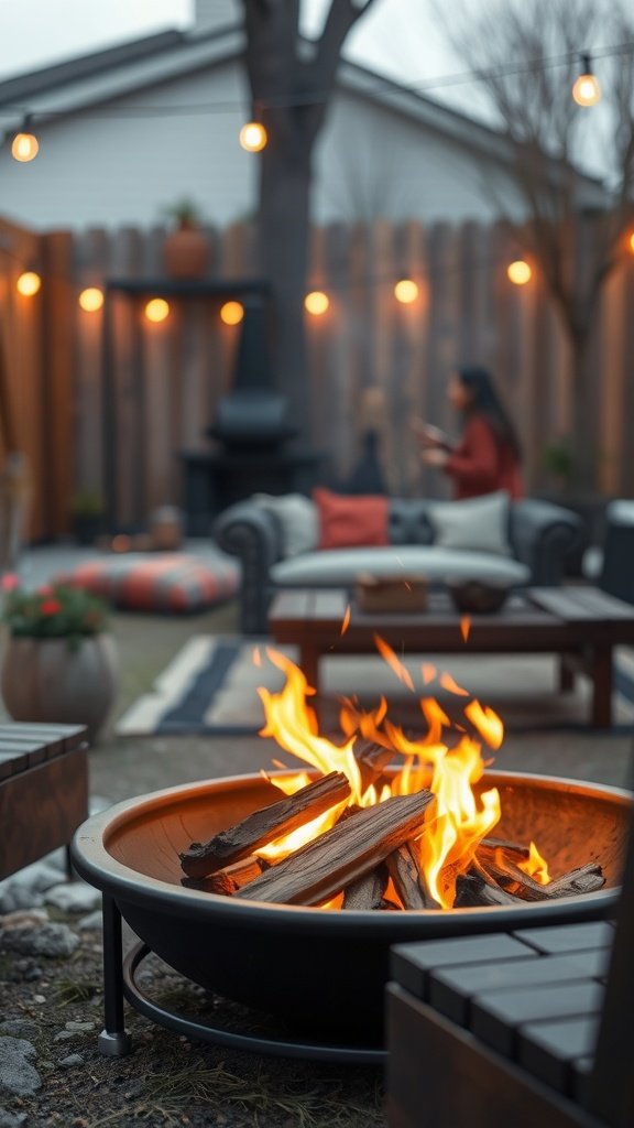 A cozy portable fire pit with flames, surrounded by outdoor seating and garden decor.