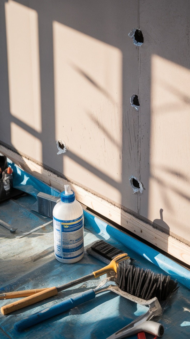 A wall with tools and supplies for preparing a surface for plant installation.