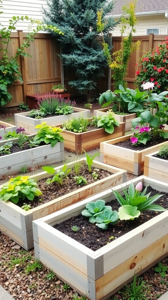 A colorful arrangement of raised garden beds filled with various plants and flowers.