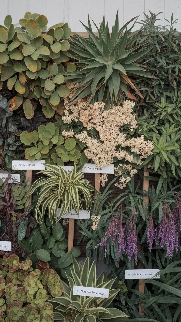 A variety of plants labeled on a wall, showcasing different species and colors.