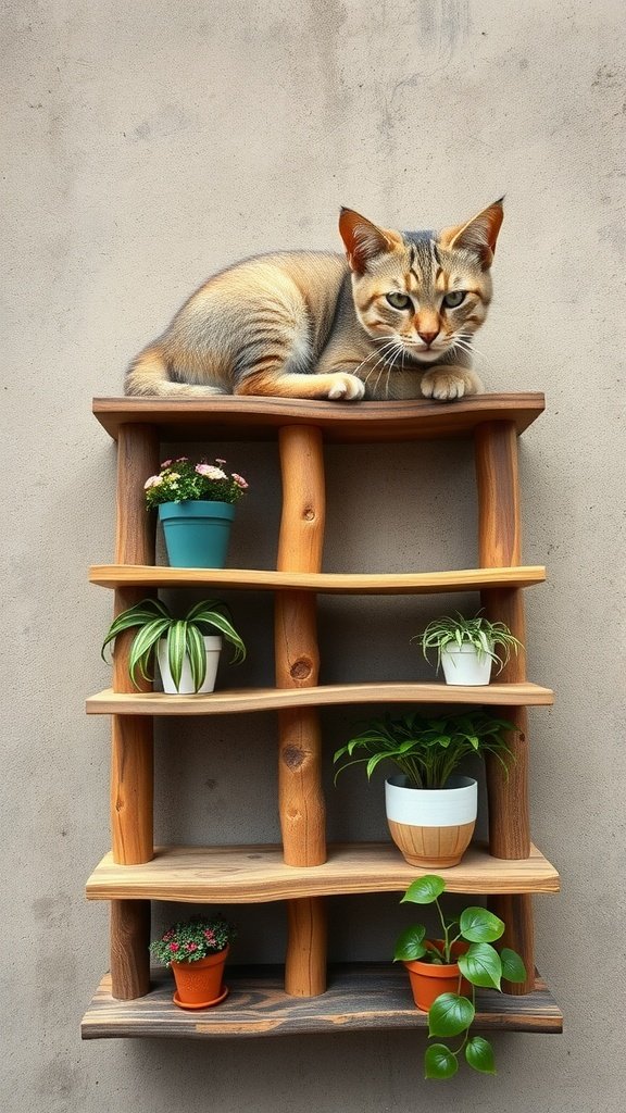 A wooden cat climbing shelf with a cat resting on top and potted plants on the shelves.