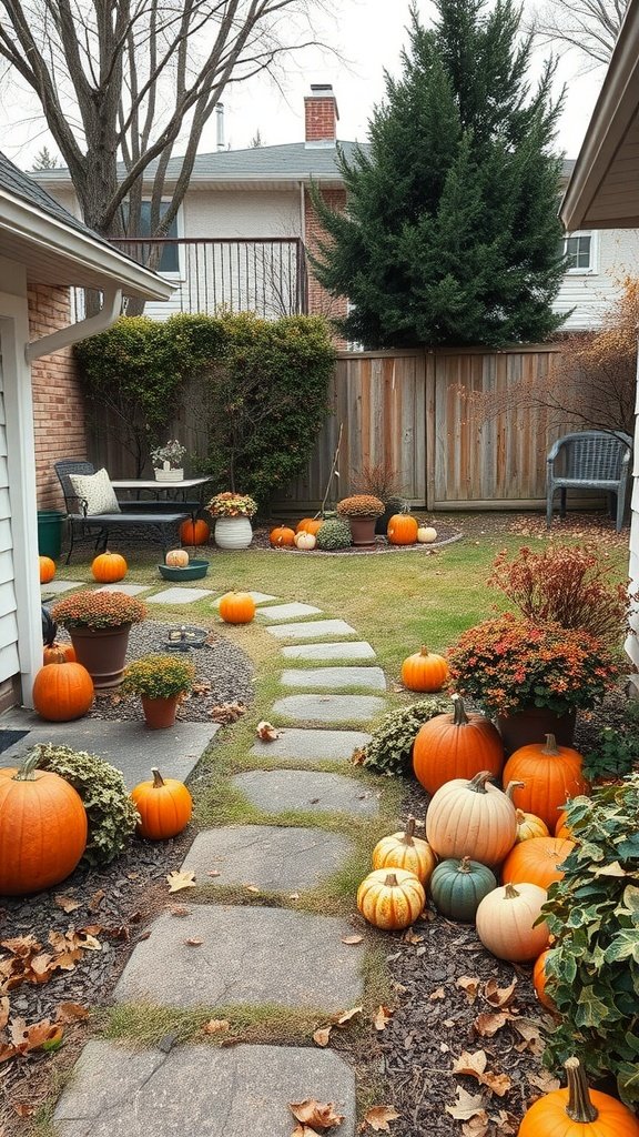 A backyard path lined with pumpkins and colorful plants, showcasing seasonal decor.