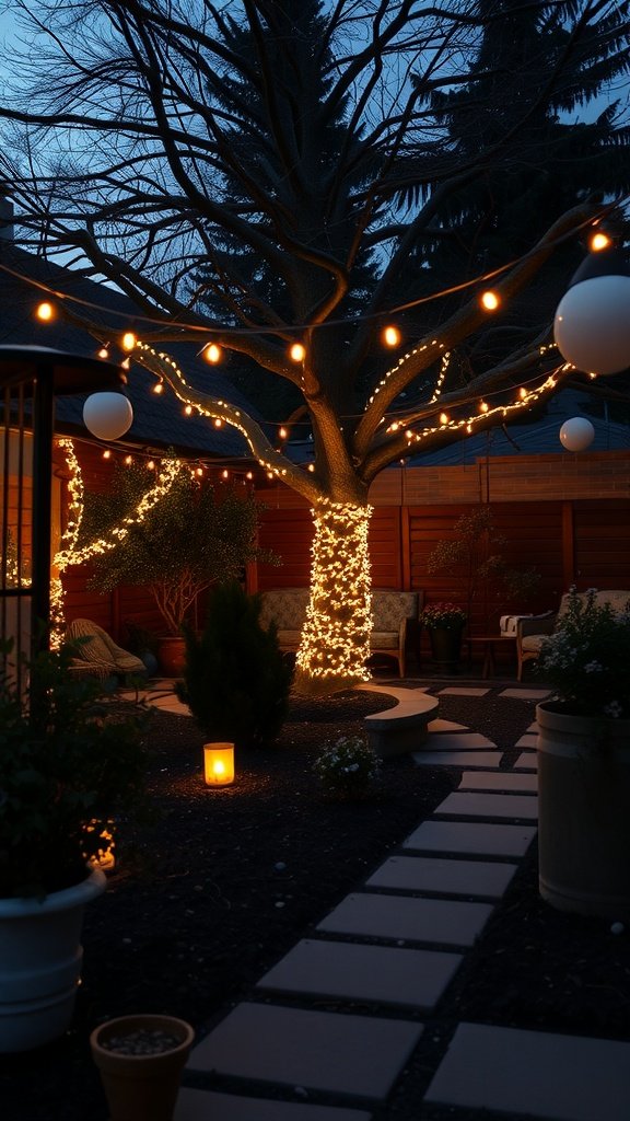 Backyard with string lights on a tree and lanterns