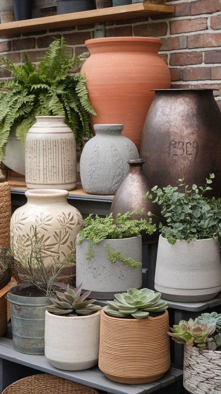 A variety of decorative plant containers featuring ferns and succulents.