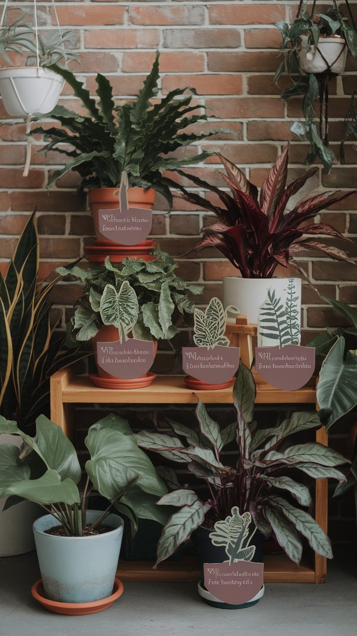 A display of various ferns and indoor plants in decorative pots on a wooden shelf against a brick wall.