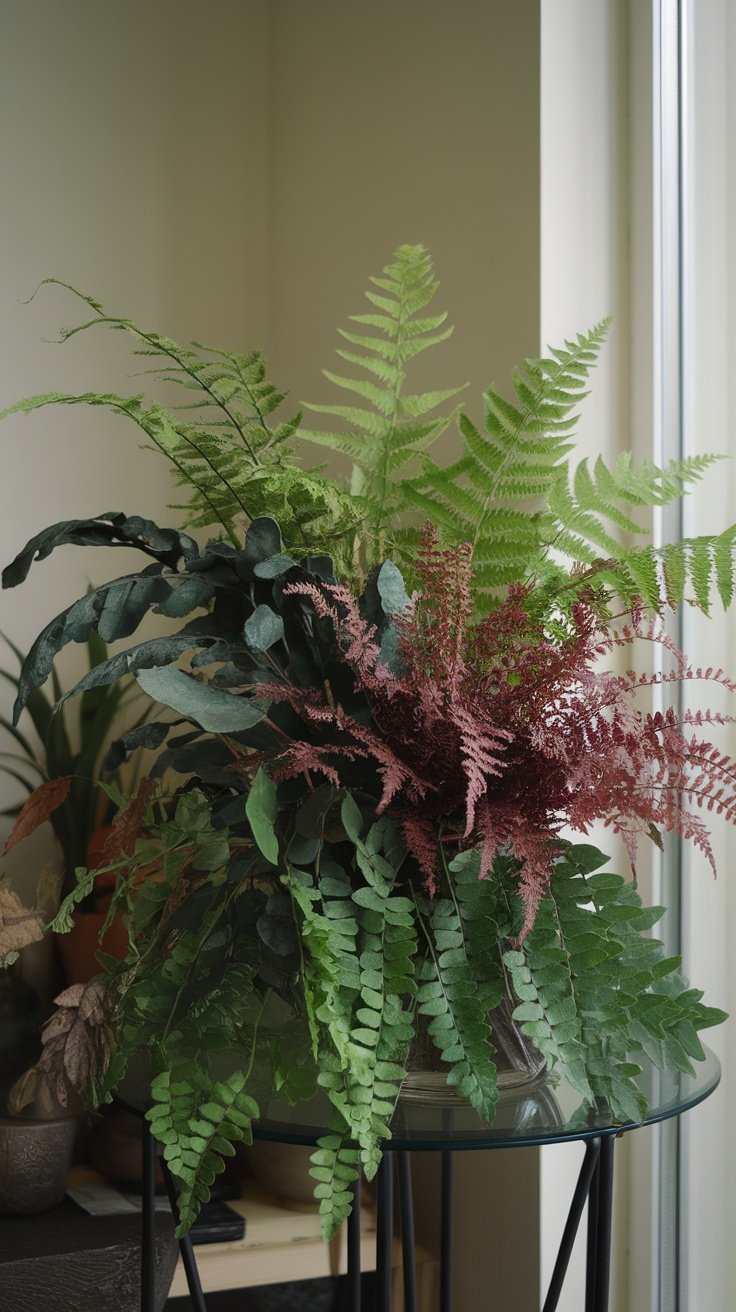 A vibrant arrangement of various ferns, showcasing different shades of green and a hint of purple.