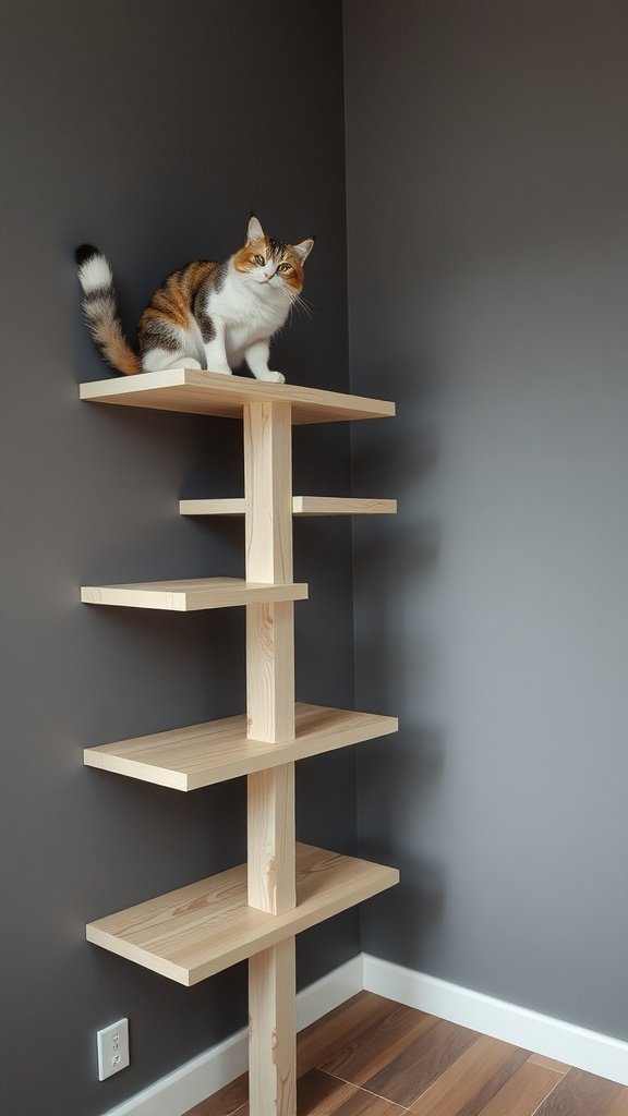 A cat sitting on a wooden wall shelf with safety rails in a modern room