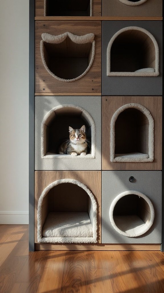 A wooden shelving unit featuring cat hideaways with two cats sitting on the shelves.