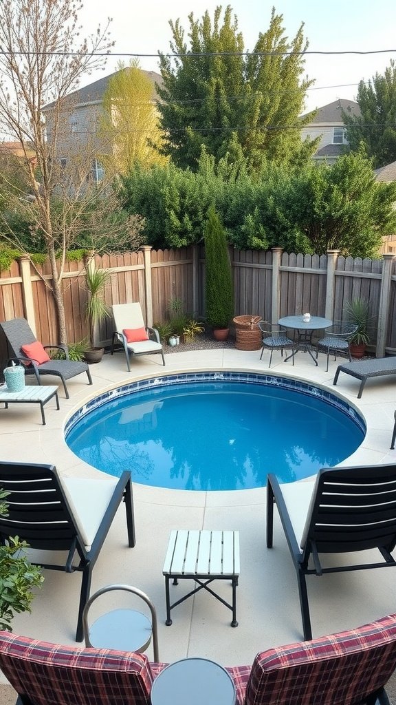 A small circular pool surrounded by lounge chairs and greenery in a backyard setting