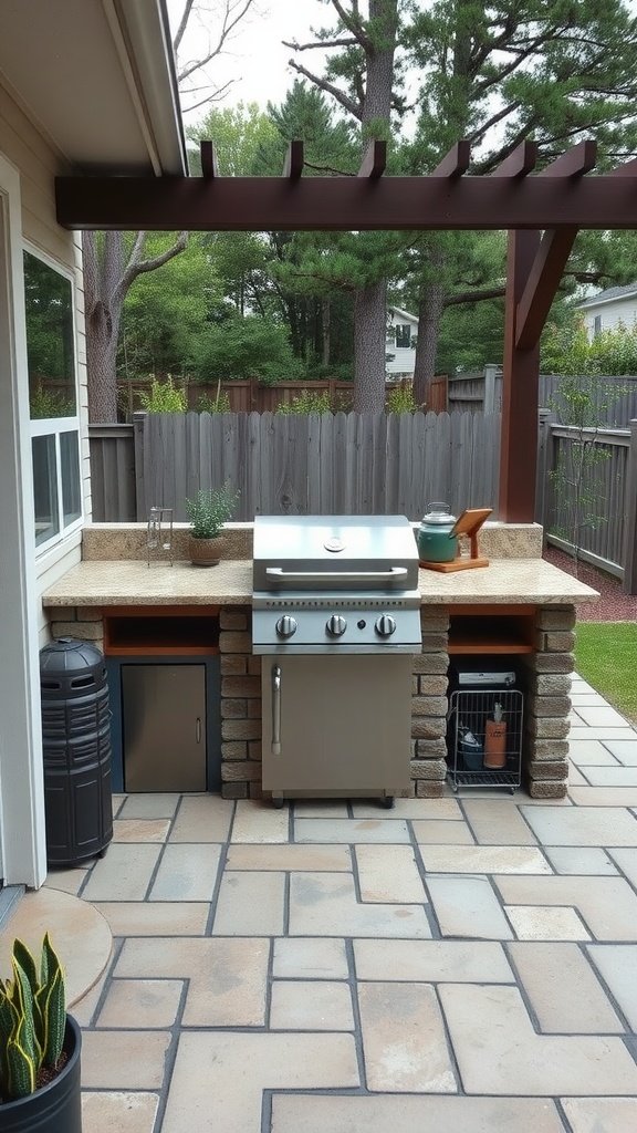 A small outdoor kitchen with a grill, storage space, and a rustic yet modern design.