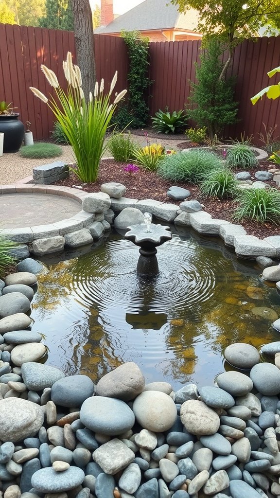 A serene backyard with a small water feature surrounded by smooth stones and plants.