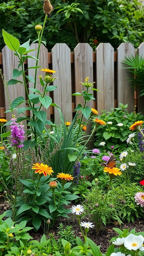 Colorful flowers in a small garden with a bird perched on a flower stem.