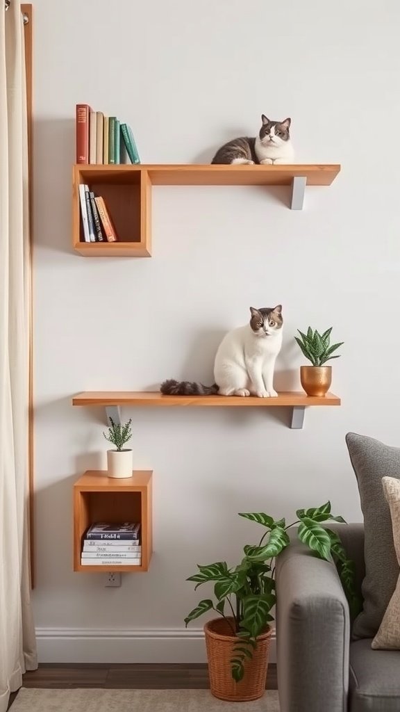 Cat wall shelves with two cats, plants, and books.