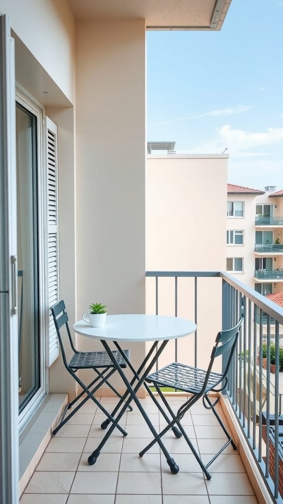 A small balcony with a round white table and two folding chairs, perfect for dining.