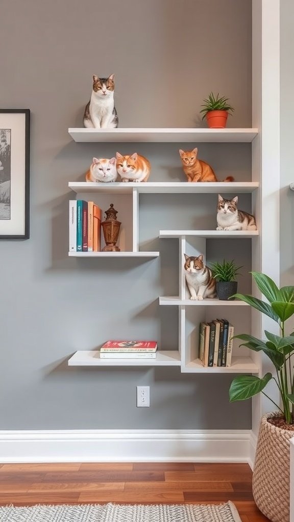 Stylish wall shelves with multiple cats and decorative items.