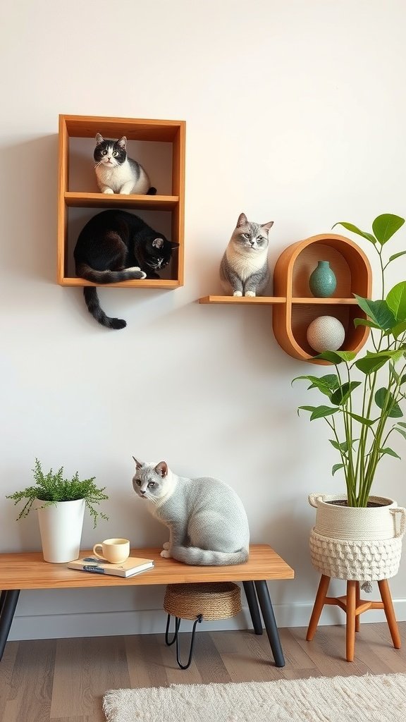 Stylish cat wall shelves with three cats resting and playing on them, alongside a cozy living room setup.