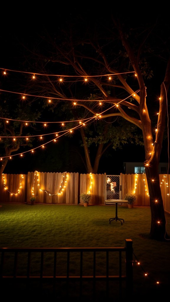 A backyard with string lights hung between trees and along the fence, creating a warm atmosphere.