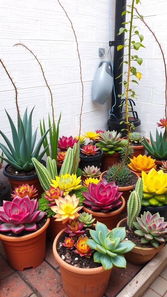 A colorful assortment of succulent plants in terracotta pots