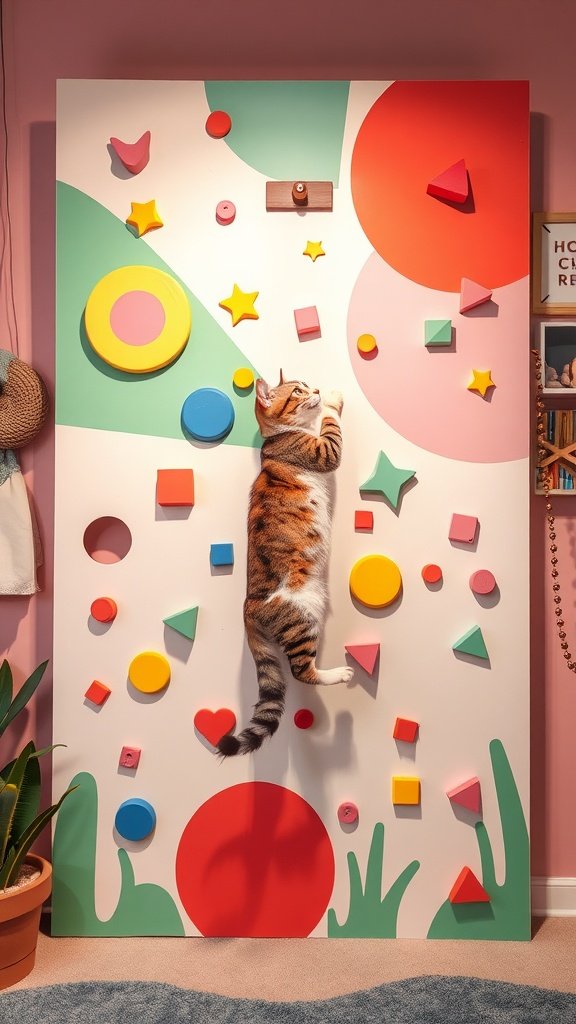A colorful themed cat climbing wall with geometric shapes and a cat climbing on it.