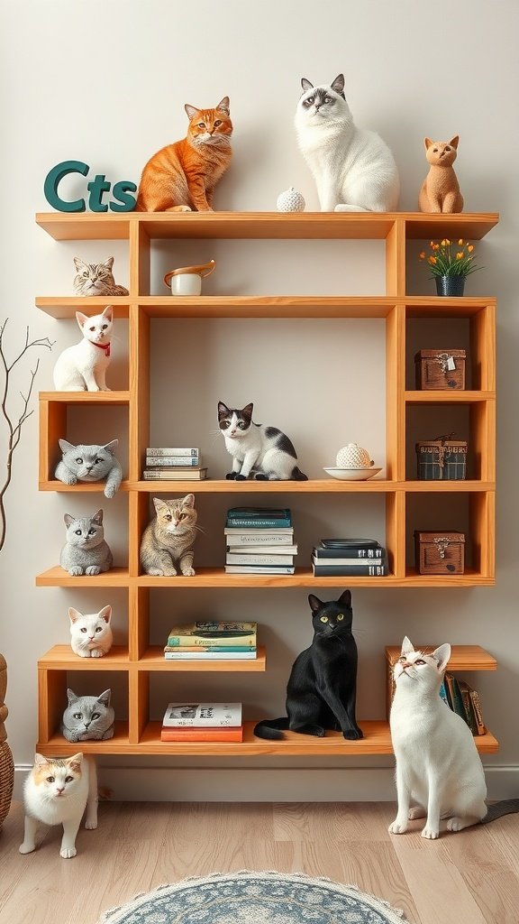 A stylish wooden shelf with various cat decorations and real cats posing on different levels.