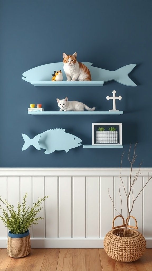 Themed cat wall shelves featuring fish shapes, with two cats resting on them.